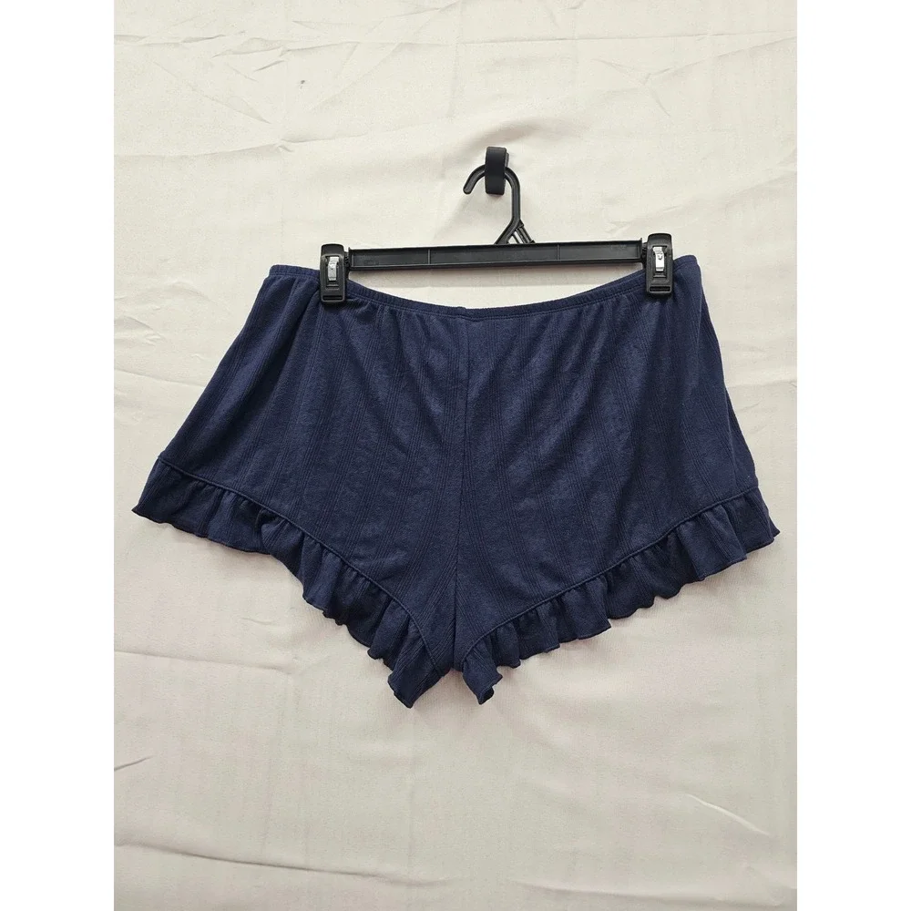 Navy Blue Ribbed Ruffle Hem Pajama Shorts Sleepwear XL 544XL7‎